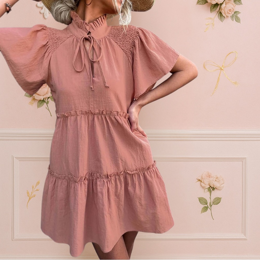 Dusty Pink Boho Tiered Peasant Dress | Feather Tie Neckline & Puff Sleeves Sold❌ - Picture 2 of 5